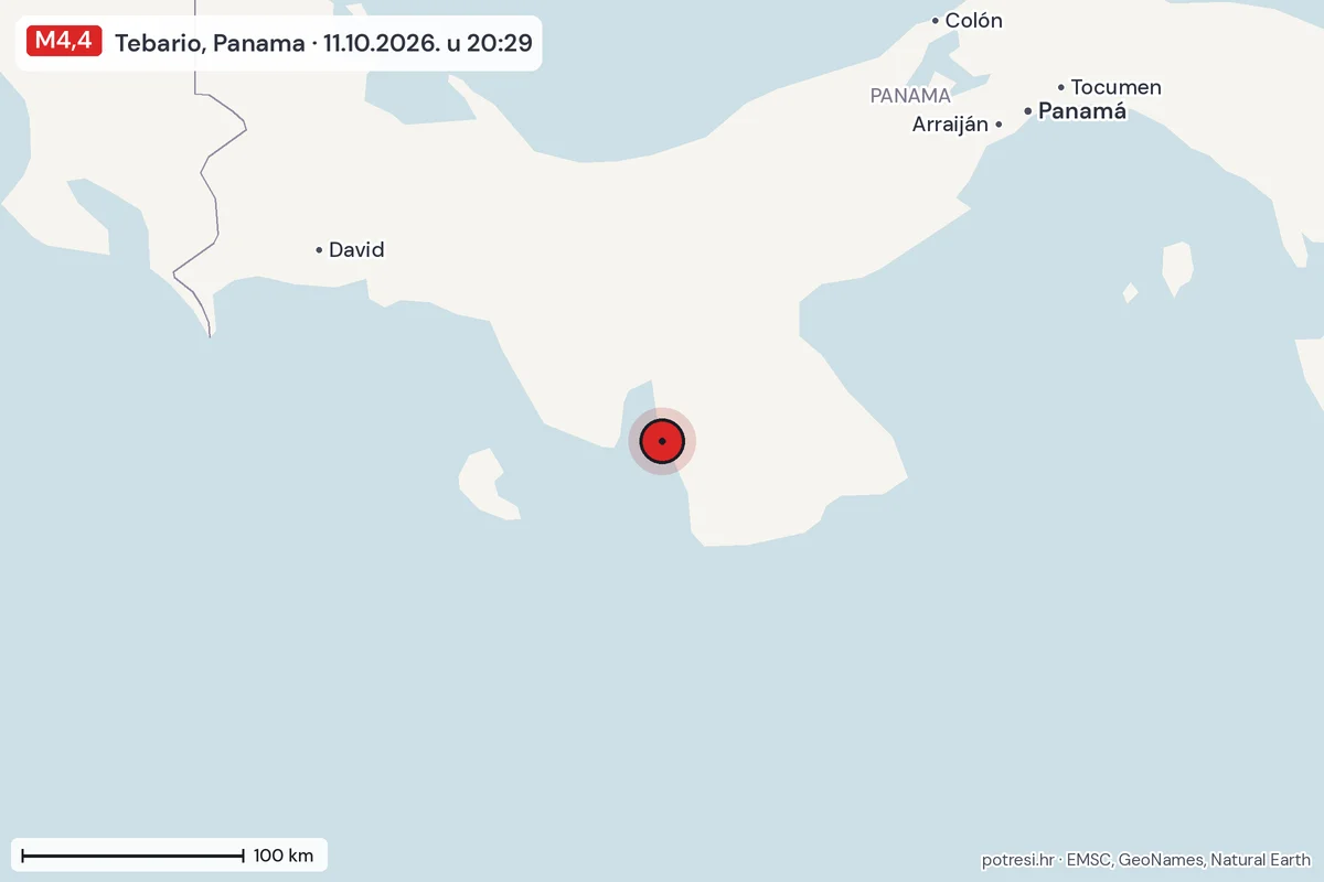 Karta: šire područje, 600 km, potres M4,4, Tebario, Panama, 11.10.2026.