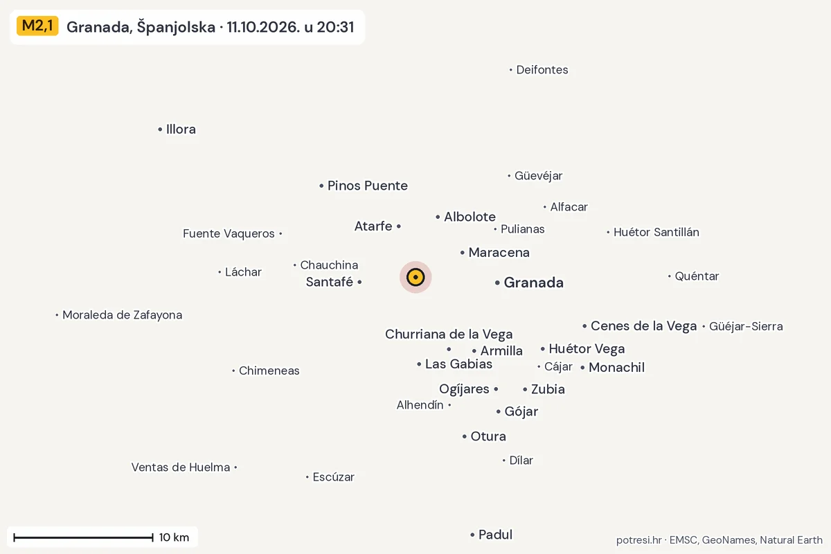 Karta: okolica epicentra, 60 km, potres M2,1, Granada, Španjolska, 11.10.2026.
