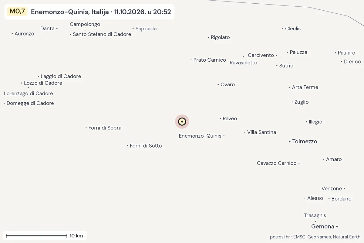 Karta: okolica epicentra, 60 km, potres M0,7, Enemonzo-Quinis, Italija, 11.10.2026.