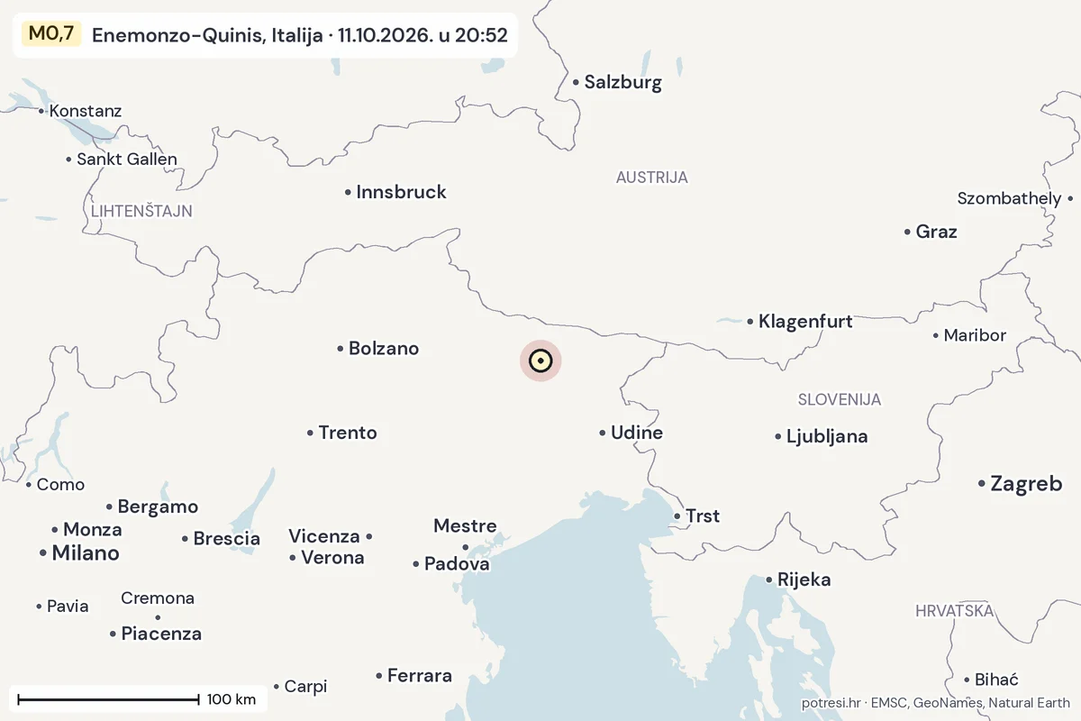 Karta: šire područje, 600 km, potres M0,7, Enemonzo-Quinis, Italija, 11.10.2026.