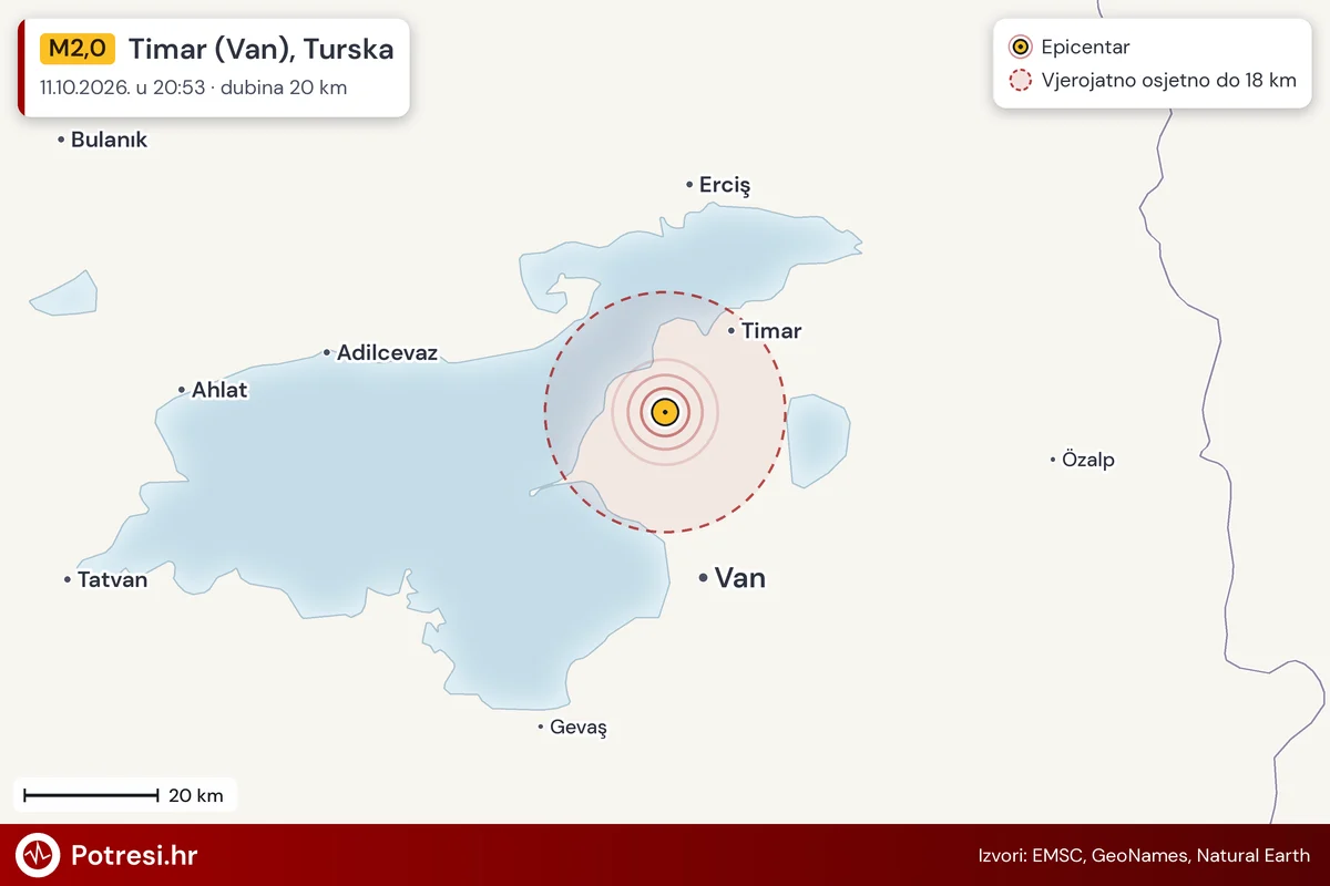 Karta: šire područje i vjerojatni doseg osjeta, potres M2,0, Timar (Van), Turska, 11.10.2026.