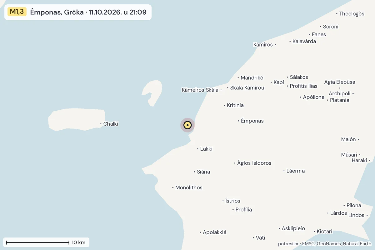 Karta: okolica epicentra, 60 km, potres M1,3, Émponas, Grčka, 11.10.2026.