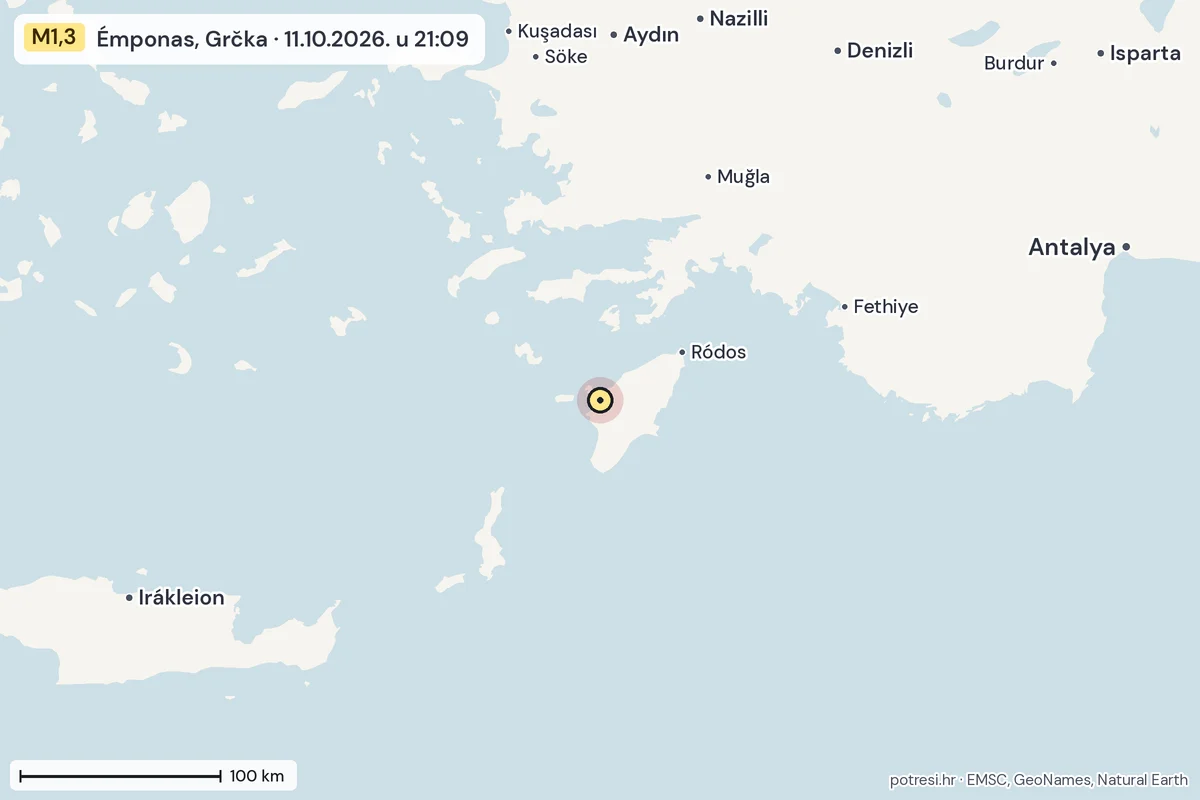 Karta: šire područje, 600 km, potres M1,3, Émponas, Grčka, 11.10.2026.