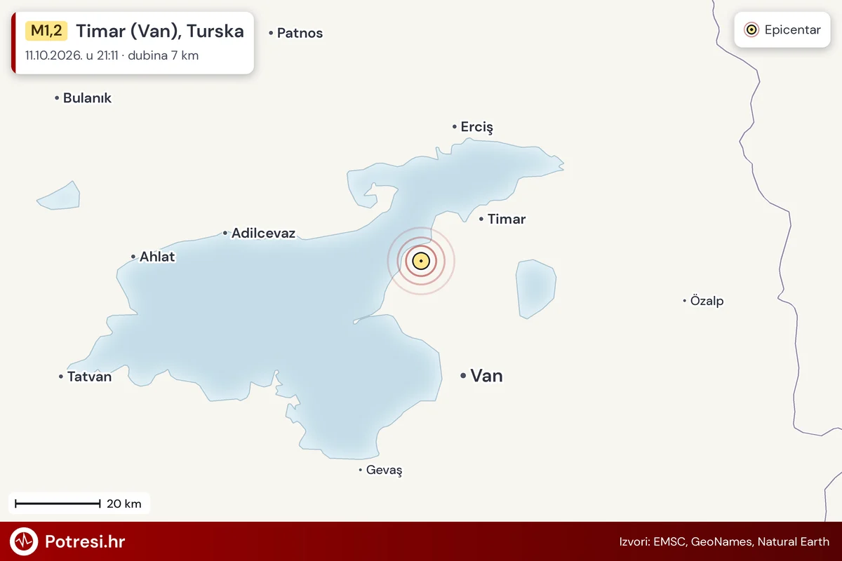 Karta: šire područje i vjerojatni doseg osjeta, potres M1,2, Timar (Van), Turska, 11.10.2026.