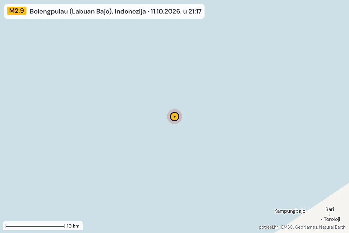 Karta: okolica epicentra, 60 km, potres M2,9, Bolengpulau (Labuan Bajo), Indonezija, 11.10.2026.