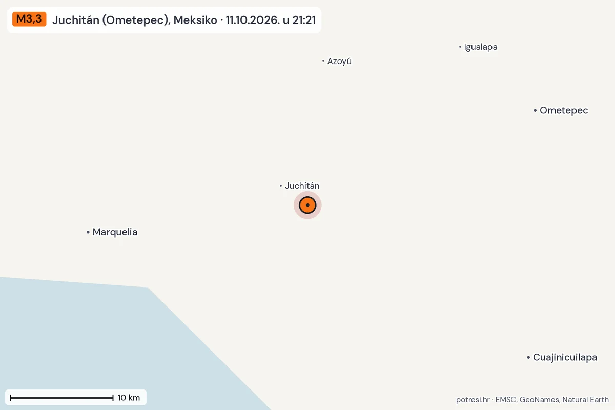 Karta: okolica epicentra, 60 km, potres M3,3, Juchitán (Ometepec), Meksiko, 11.10.2026.