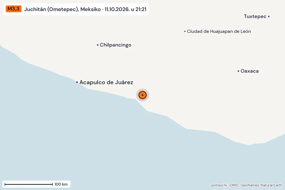 Karta: šire područje, 600 km, potres M3,3, Juchitán (Ometepec), Meksiko, 11.10.2026.
