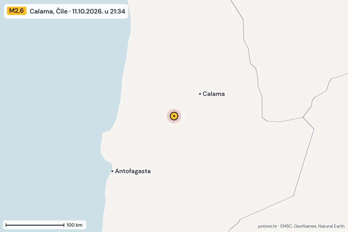 Karta: šire područje, 600 km, potres M2,6, Calama, Čile, 11.10.2026.