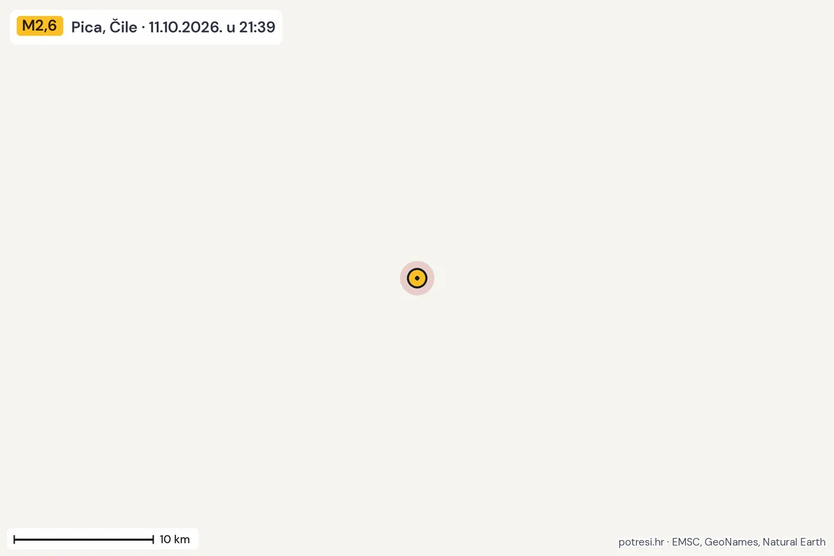 Karta: okolica epicentra, 60 km, potres M2,6, Pica, Čile, 11.10.2026.