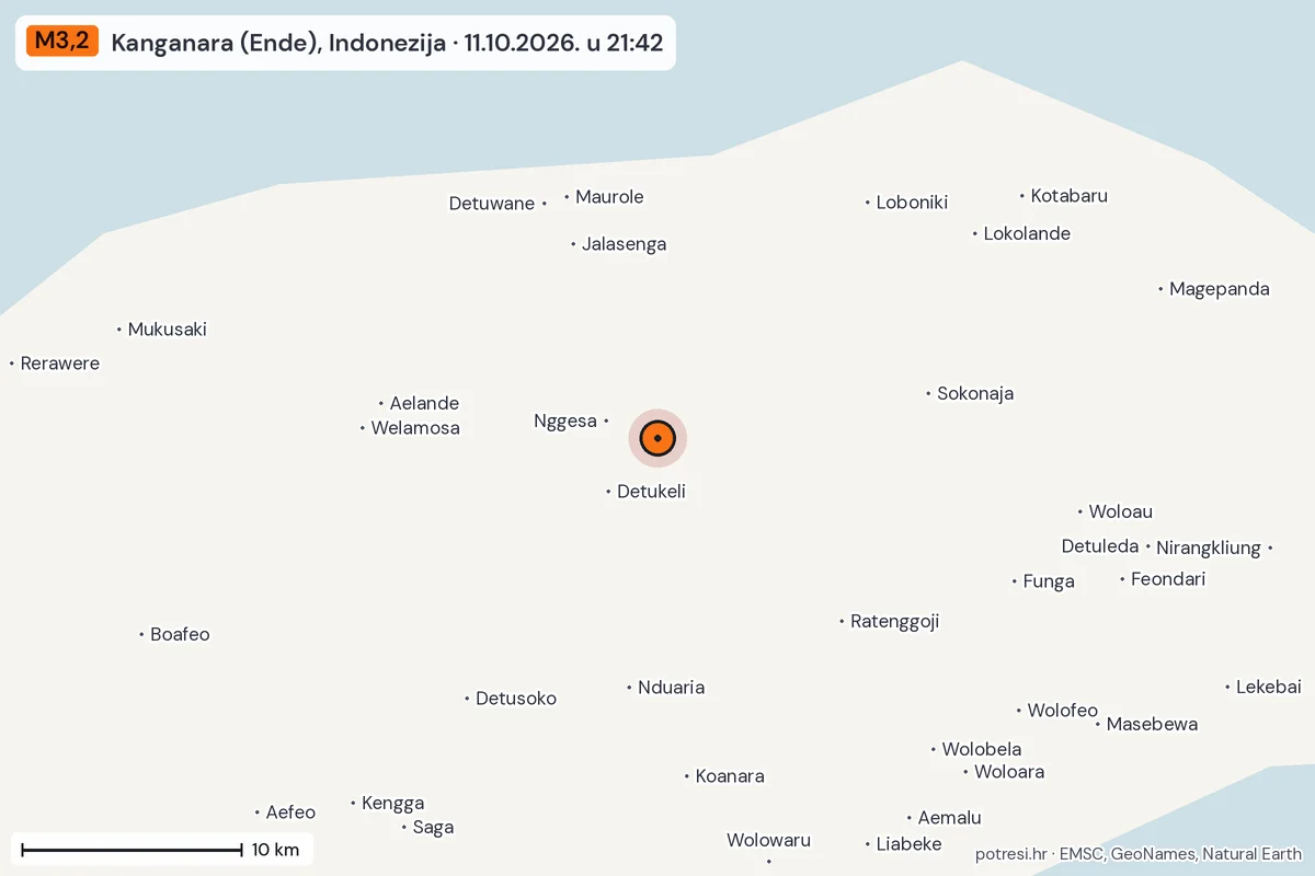 Karta: okolica epicentra, 60 km, potres M3,2, Kanganara (Ende), Indonezija, 11.10.2026.