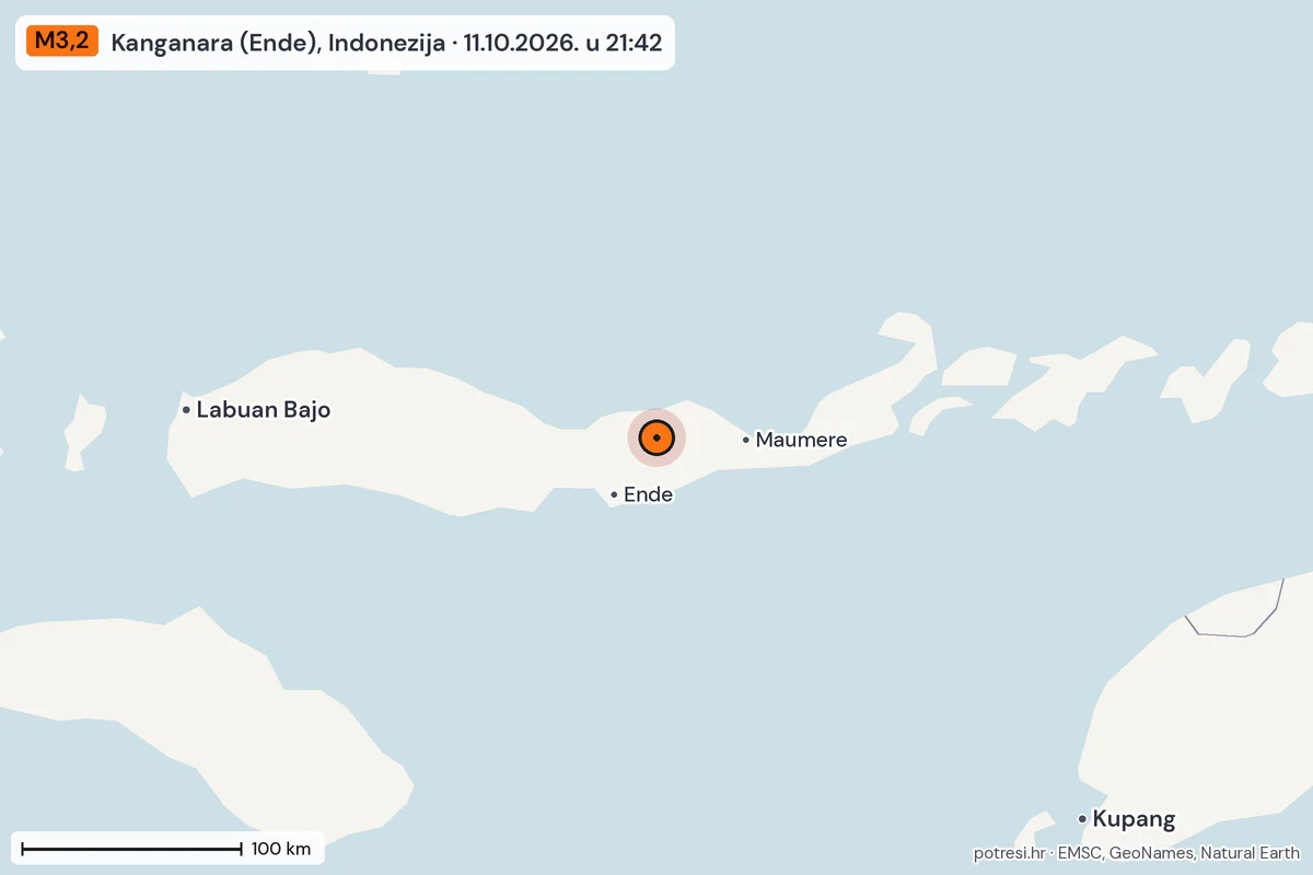Karta: šire područje, 600 km, potres M3,2, Kanganara (Ende), Indonezija, 11.10.2026.
