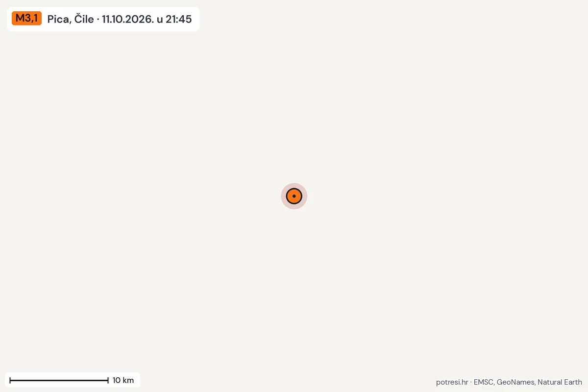 Karta: okolica epicentra, 60 km, potres M3,1, Pica, Čile, 11.10.2026.