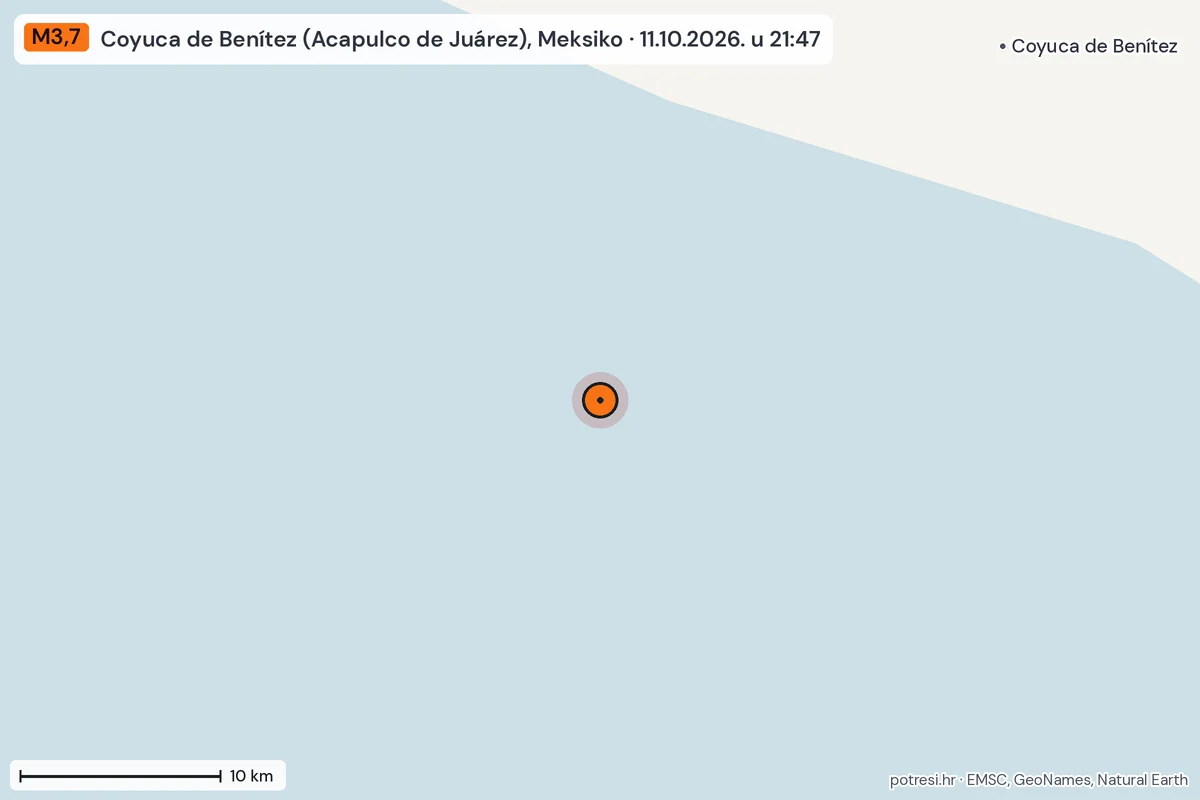 Karta: okolica epicentra, 60 km, potres M3,7, Coyuca de Benítez (Acapulco de Juárez), Meksiko, 11.10.2026.