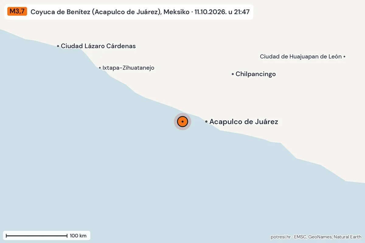 Karta: šire područje, 600 km, potres M3,7, Coyuca de Benítez (Acapulco de Juárez), Meksiko, 11.10.2026.