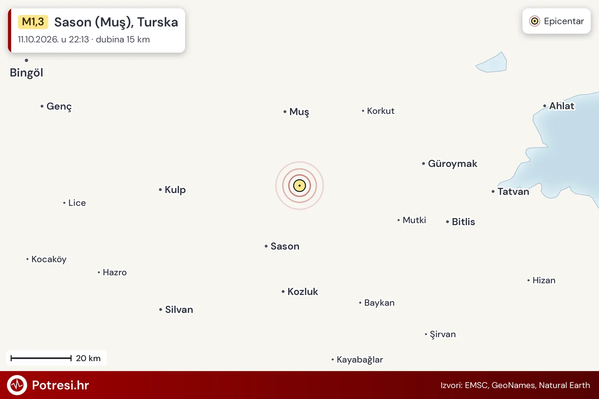 Karta: šire područje i vjerojatni doseg osjeta, potres M1,3, Sason (Muş), Turska, 11.10.2026.