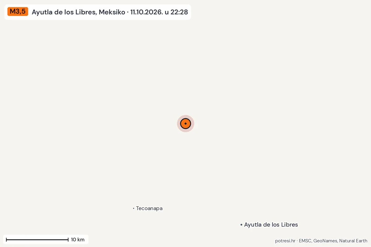 Karta: okolica epicentra, 60 km, potres M3,5, Ayutla de los Libres, Meksiko, 11.10.2026.