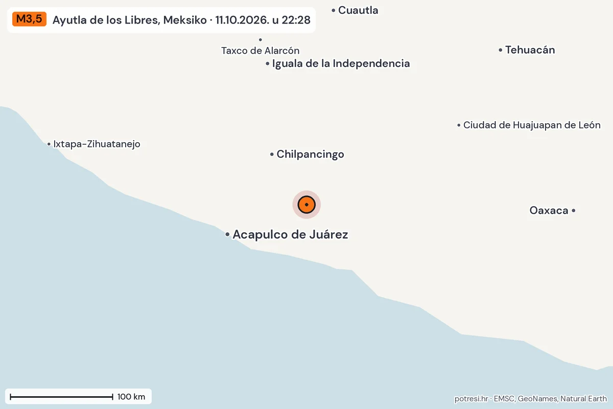 Karta: šire područje, 600 km, potres M3,5, Ayutla de los Libres, Meksiko, 11.10.2026.