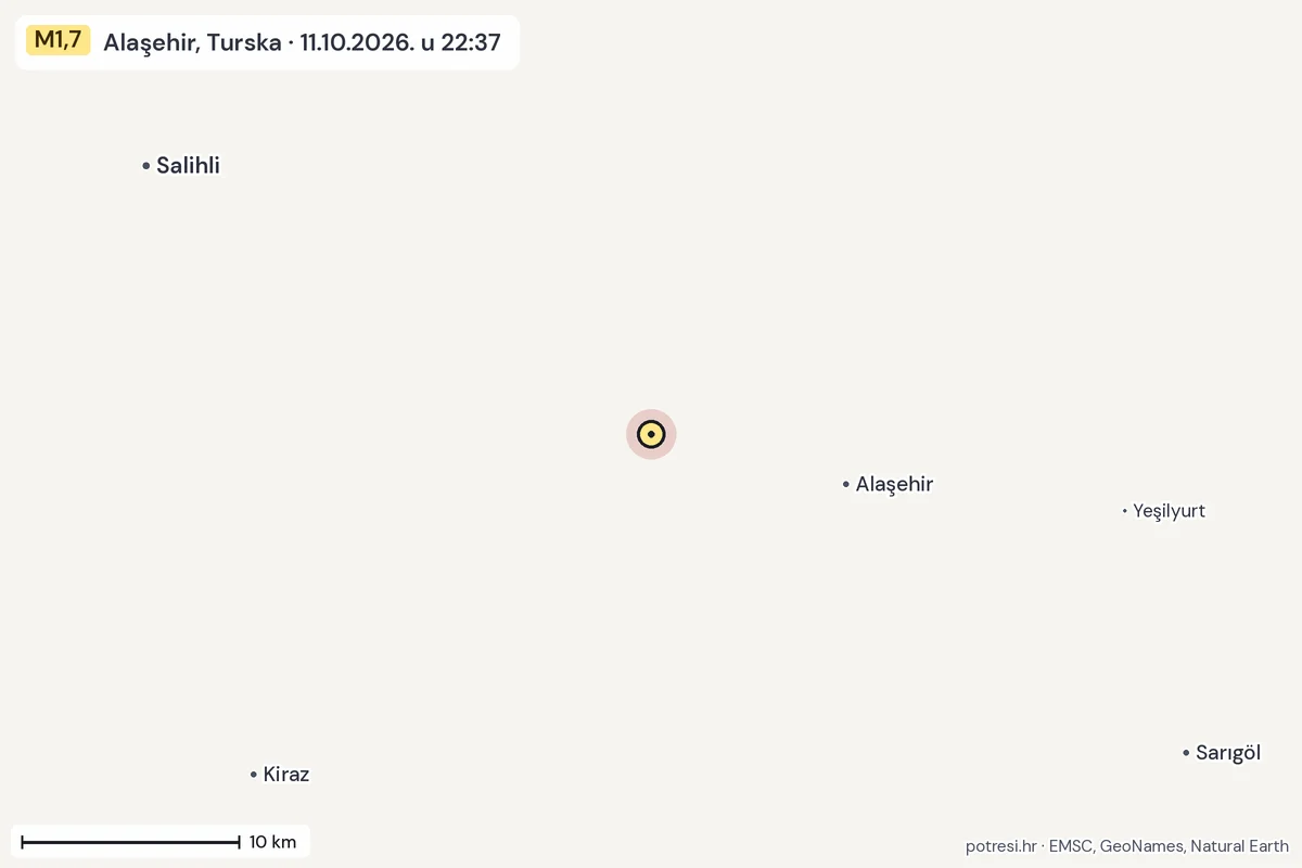 Karta: okolica epicentra, 60 km, potres M1,7, Alaşehir, Turska, 11.10.2026.