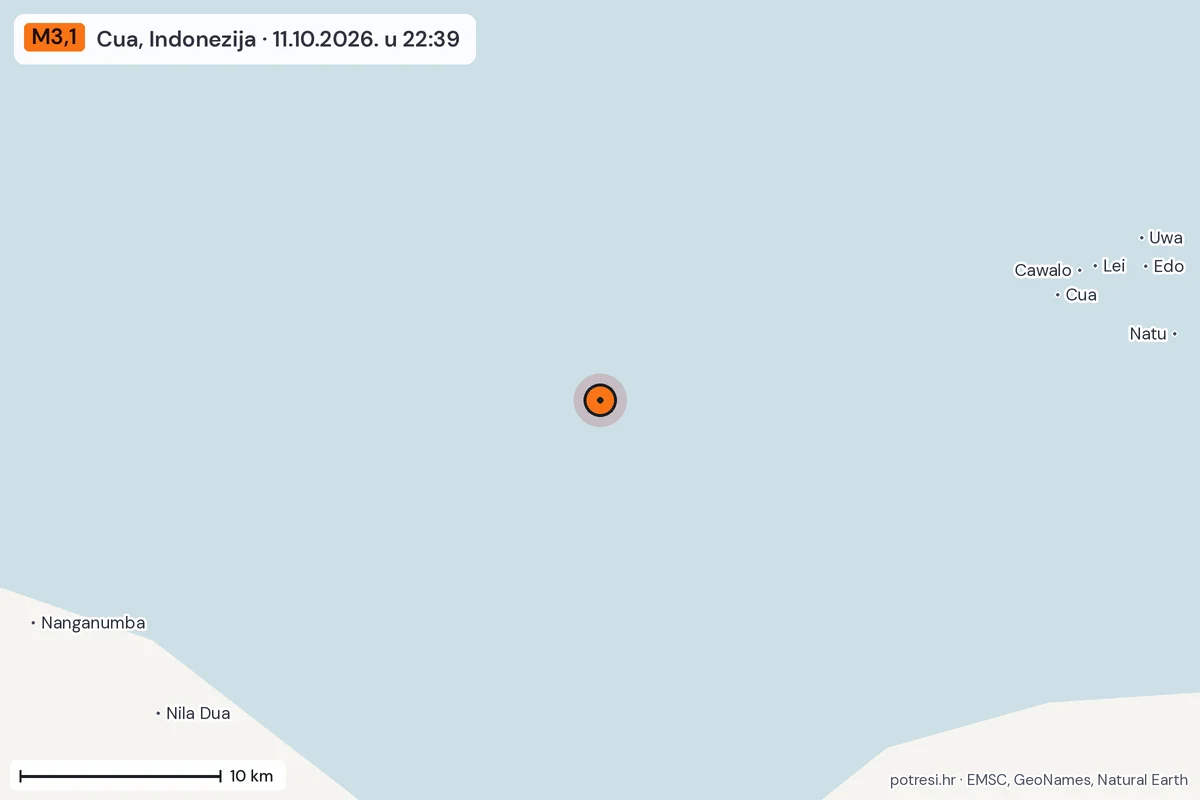 Karta: okolica epicentra, 60 km, potres M3,1, Cua, Indonezija, 11.10.2026.