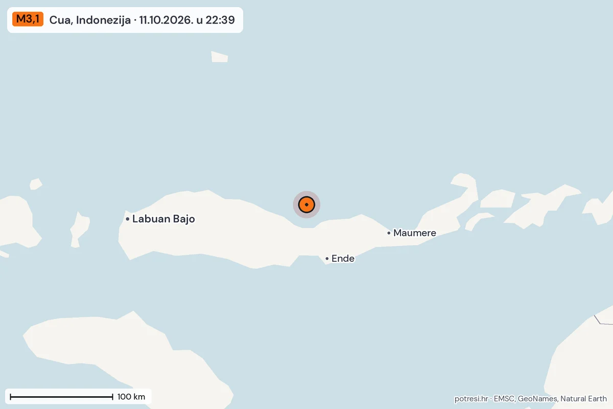 Karta: šire područje, 600 km, potres M3,1, Cua, Indonezija, 11.10.2026.