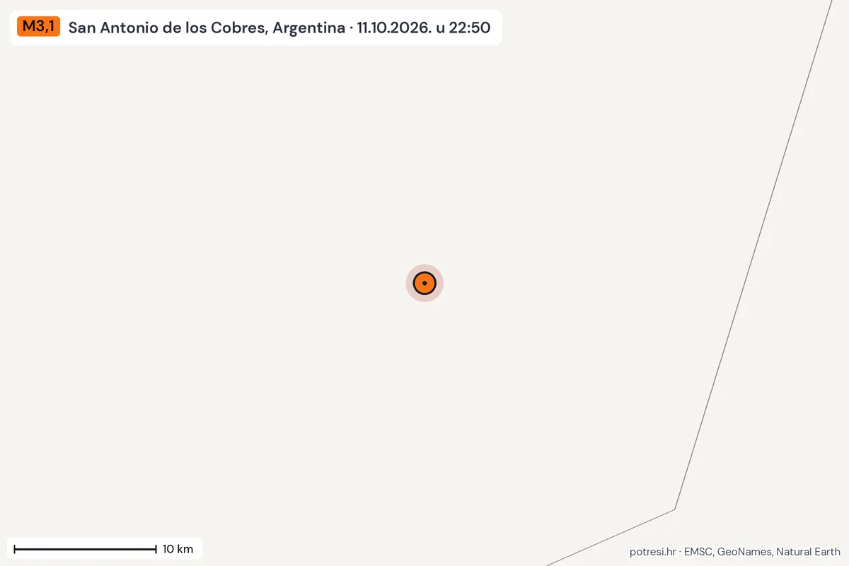 Karta: okolica epicentra, 60 km, potres M3,1, San Antonio de los Cobres, Argentina, 11.10.2026.