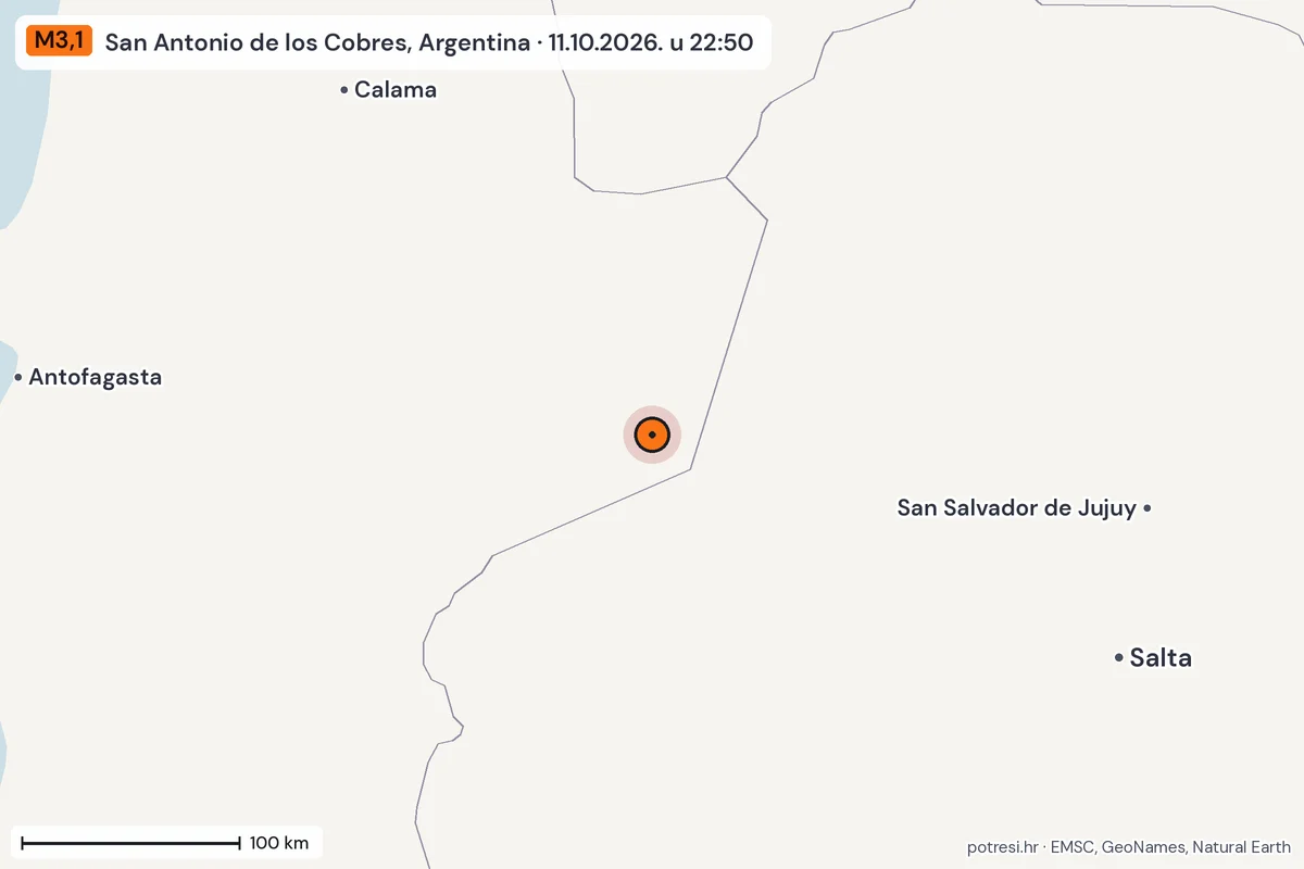 Karta: šire područje, 600 km, potres M3,1, San Antonio de los Cobres, Argentina, 11.10.2026.