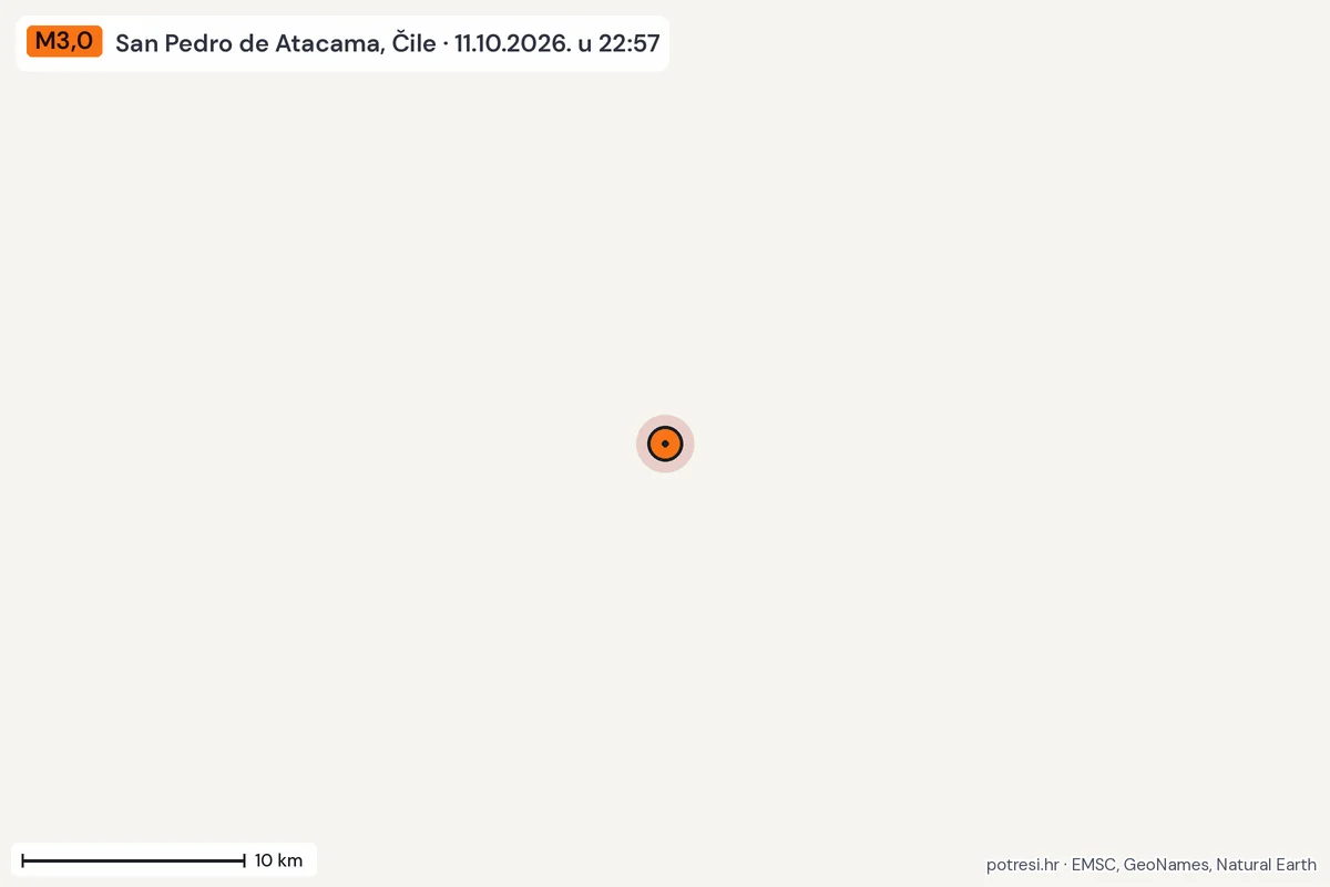 Karta: okolica epicentra, 60 km, potres M3,0, San Pedro de Atacama, Čile, 11.10.2026.