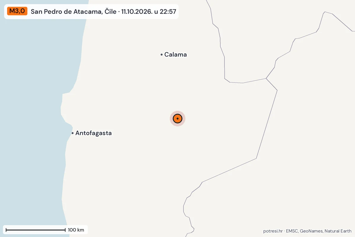 Karta: šire područje, 600 km, potres M3,0, San Pedro de Atacama, Čile, 11.10.2026.