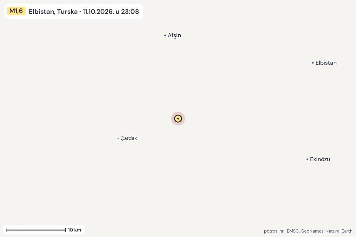 Karta: okolica epicentra, 60 km, potres M1,6, Elbistan, Turska, 11.10.2026.