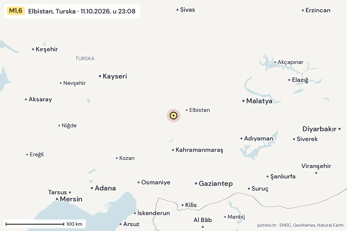 Karta: šire područje, 600 km, potres M1,6, Elbistan, Turska, 11.10.2026.