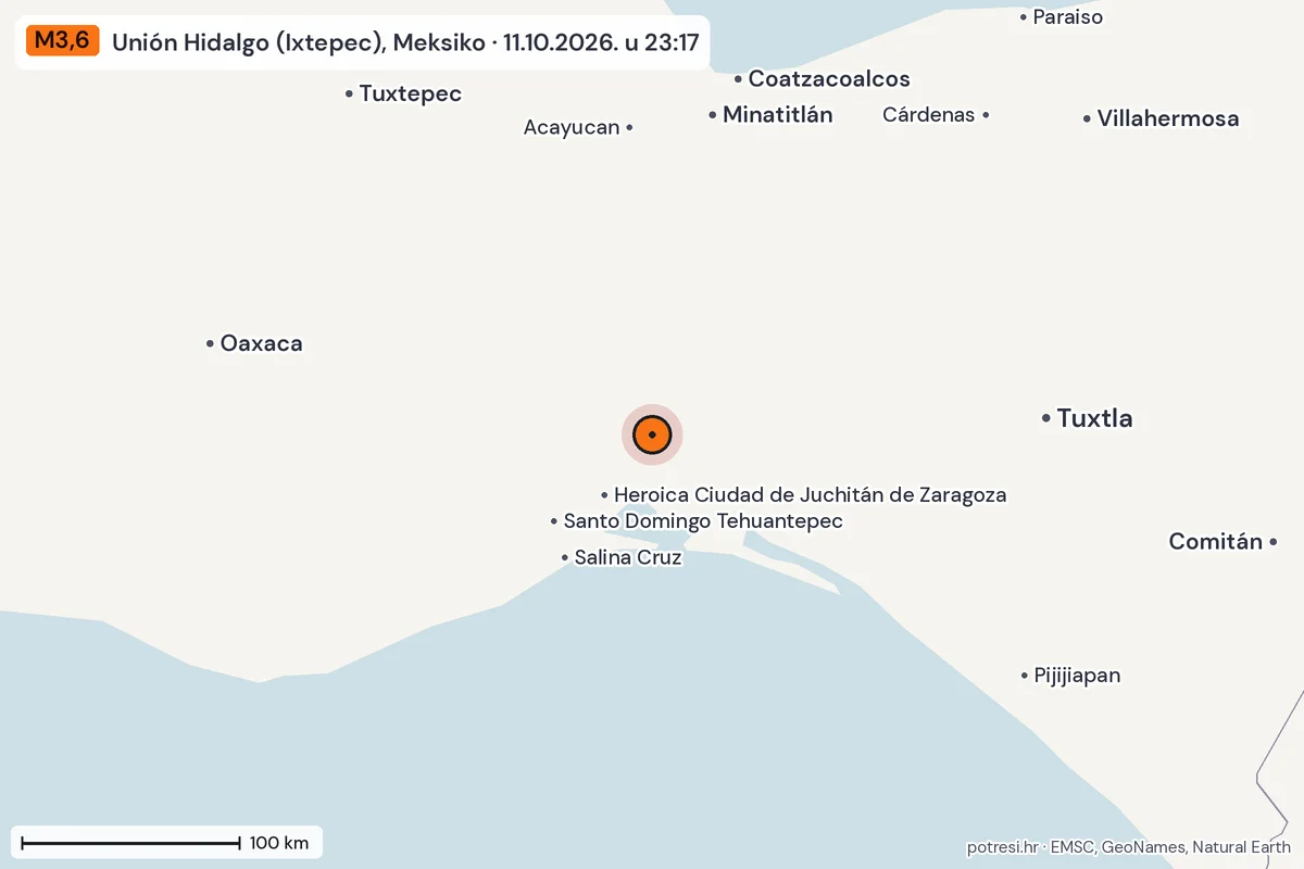 Karta: šire područje, 600 km, potres M3,6, Unión Hidalgo (Ixtepec), Meksiko, 11.10.2026.