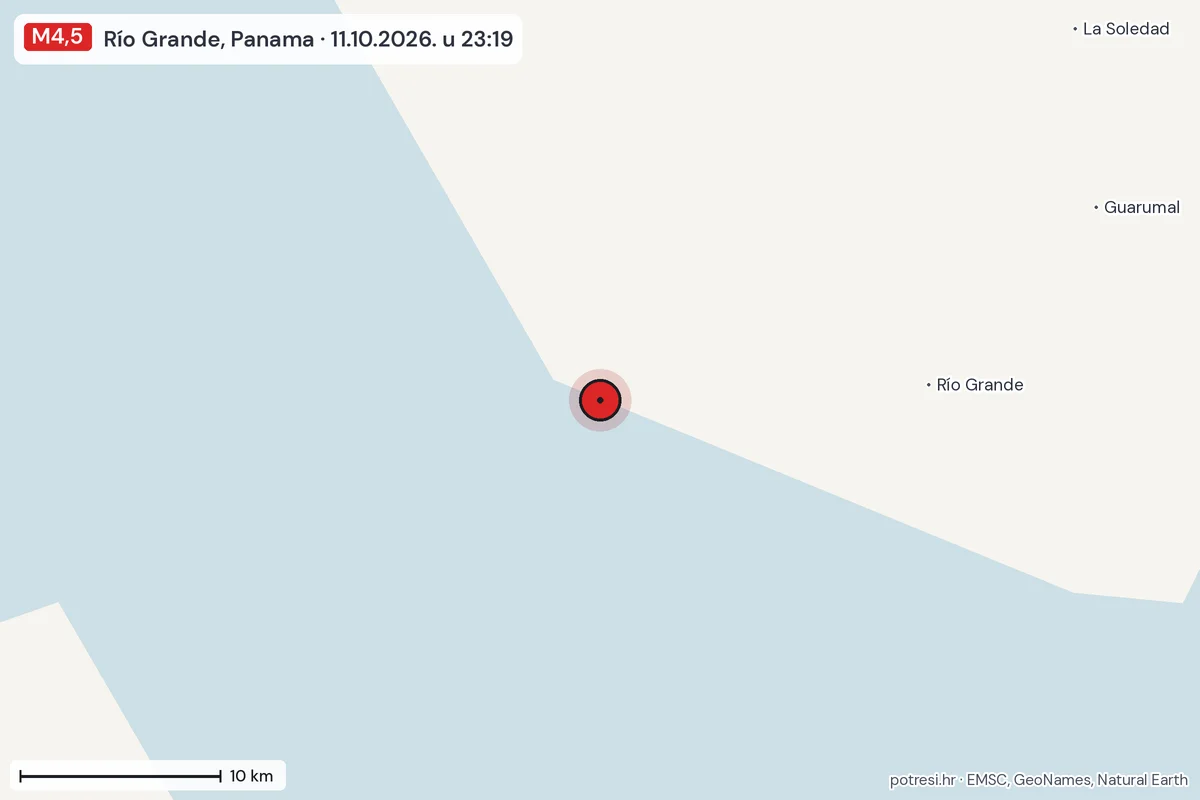 Karta: okolica epicentra, 60 km, potres M4,5, Río Grande, Panama, 11.10.2026.