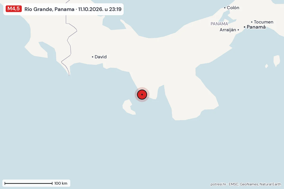Karta: šire područje, 600 km, potres M4,5, Río Grande, Panama, 11.10.2026.