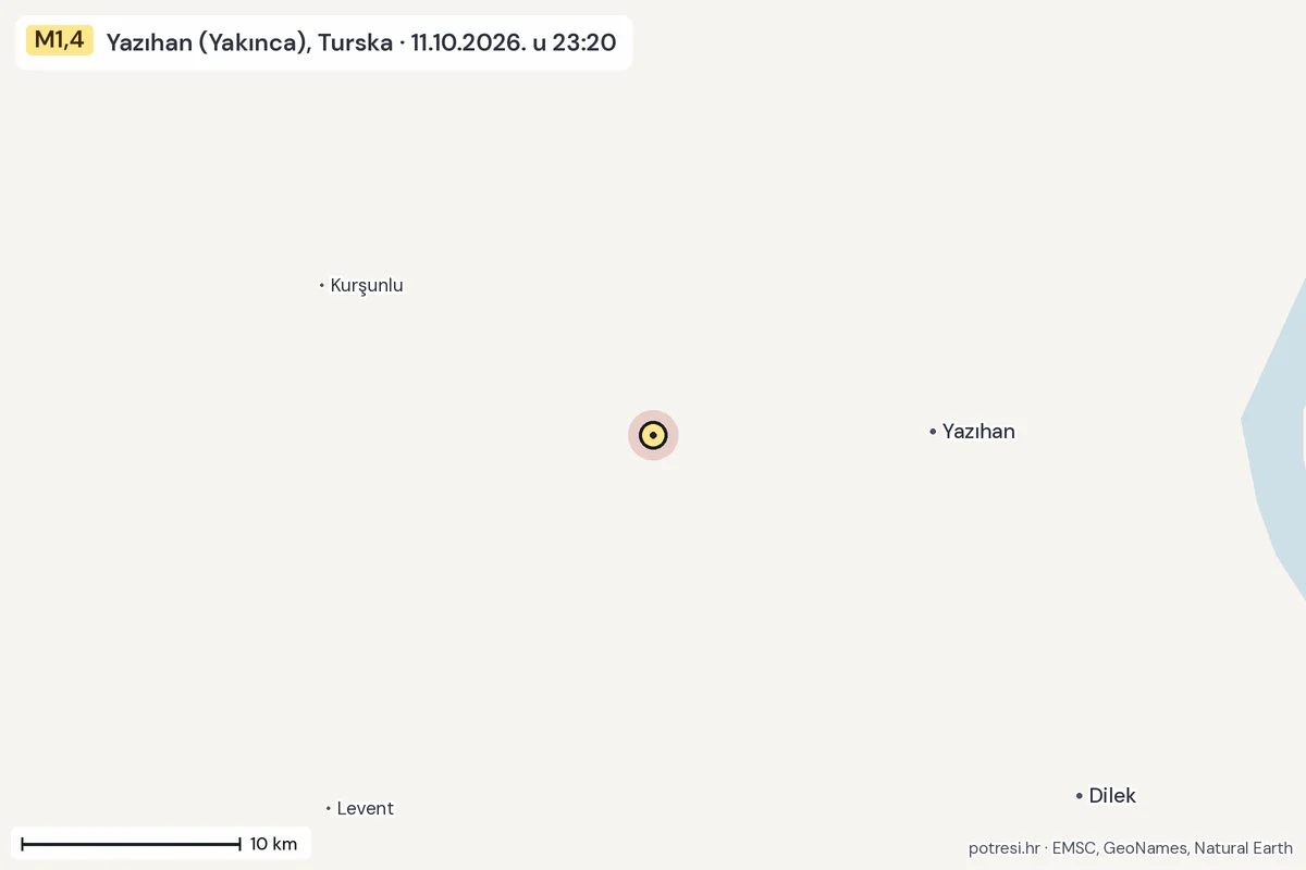 Karta: okolica epicentra, 60 km, potres M1,4, Yazıhan (Yakınca), Turska, 11.10.2026.
