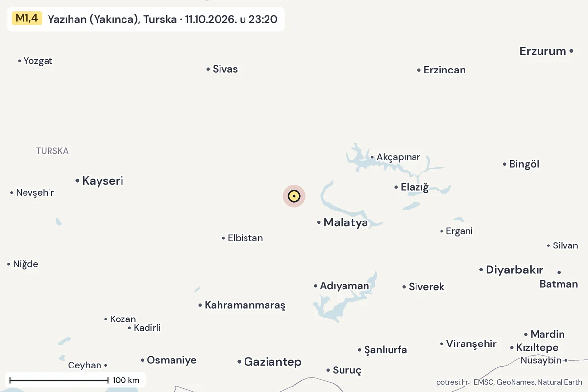 Karta: šire područje, 600 km, potres M1,4, Yazıhan (Yakınca), Turska, 11.10.2026.