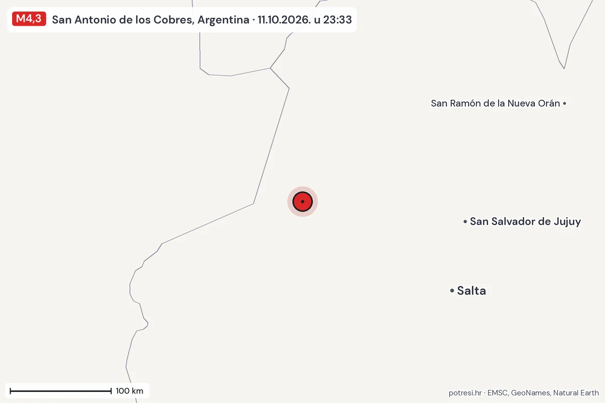 Karta: šire područje, 600 km, potres M4,3, San Antonio de los Cobres, Argentina, 11.10.2026.