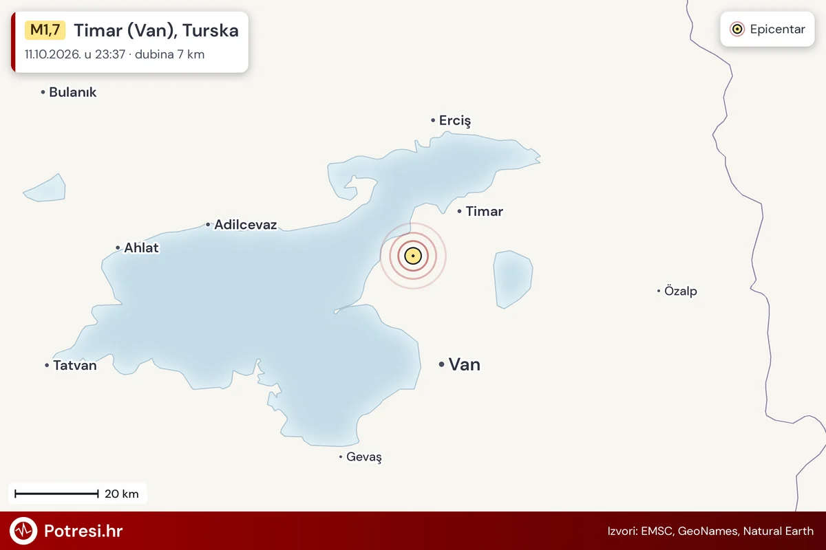 Karta: šire područje i vjerojatni doseg osjeta, potres M1,7, Timar (Van), Turska, 11.10.2026.