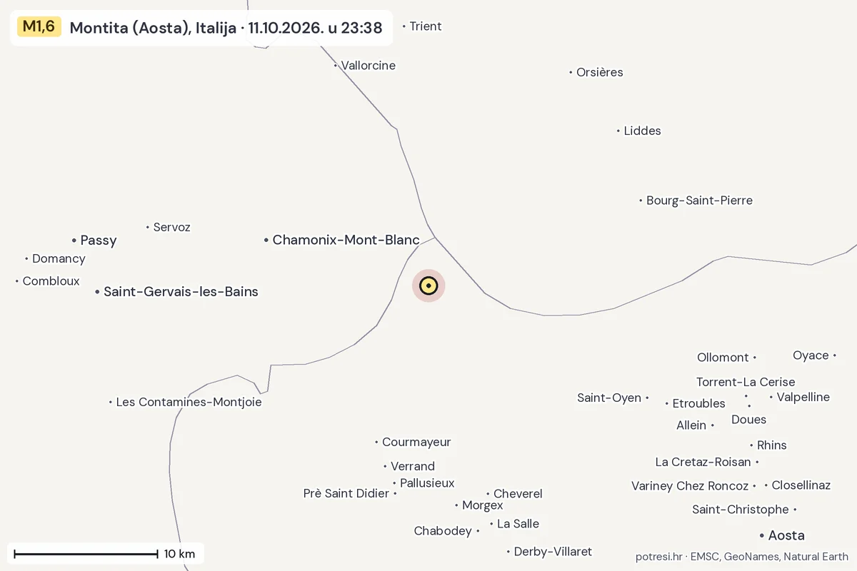 Karta: okolica epicentra, 60 km, potres M1,6, Montita (Aosta), Italija, 11.10.2026.