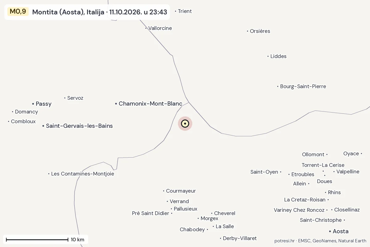 Karta: okolica epicentra, 60 km, potres M0,9, Montita (Aosta), Italija, 11.10.2026.