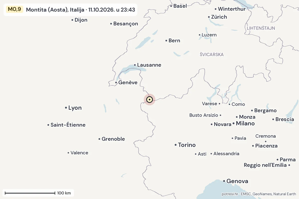 Karta: šire područje, 600 km, potres M0,9, Montita (Aosta), Italija, 11.10.2026.