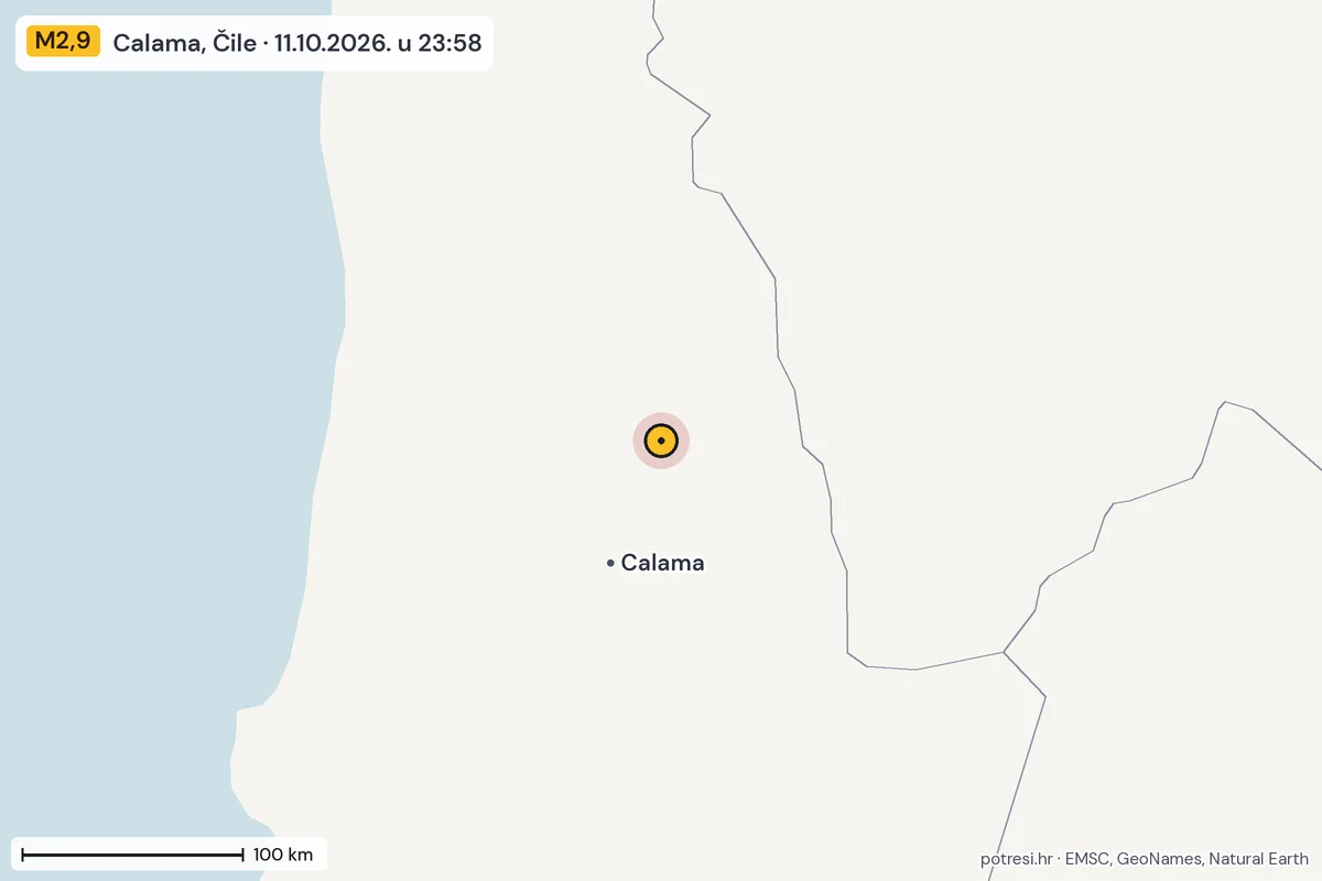 Karta: šire područje, 600 km, potres M2,9, Calama, Čile, 11.10.2026.