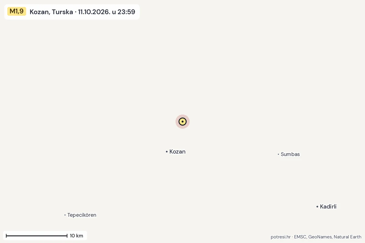 Karta: okolica epicentra, 60 km, potres M1,9, Kozan, Turska, 11.10.2026.