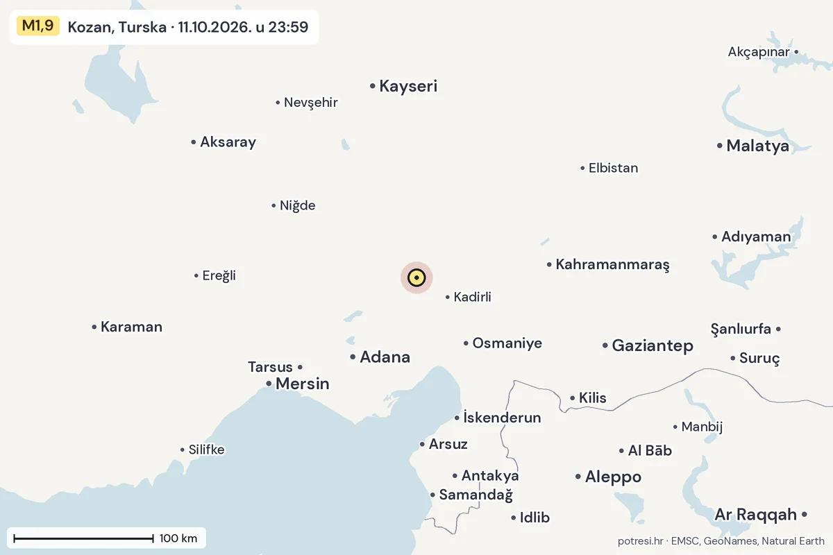 Karta: šire područje, 600 km, potres M1,9, Kozan, Turska, 11.10.2026.