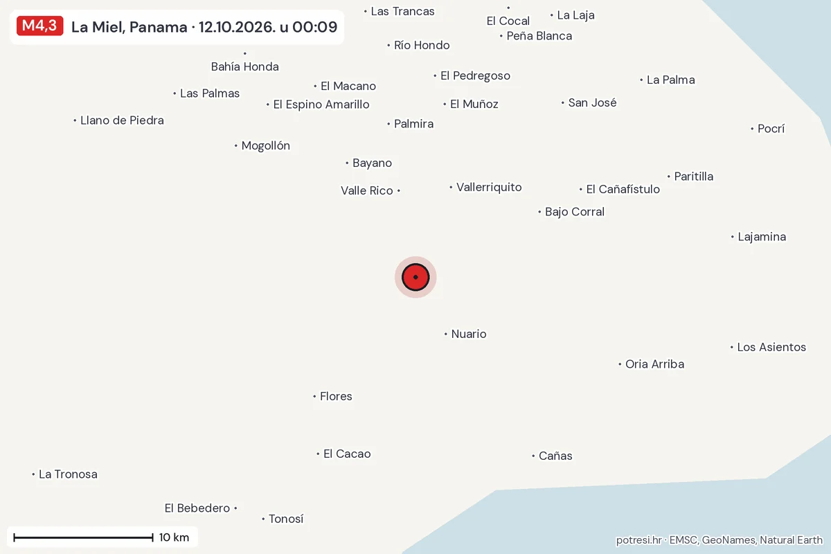 Karta: okolica epicentra, 60 km, potres M4,3, La Miel, Panama, 12.10.2026.