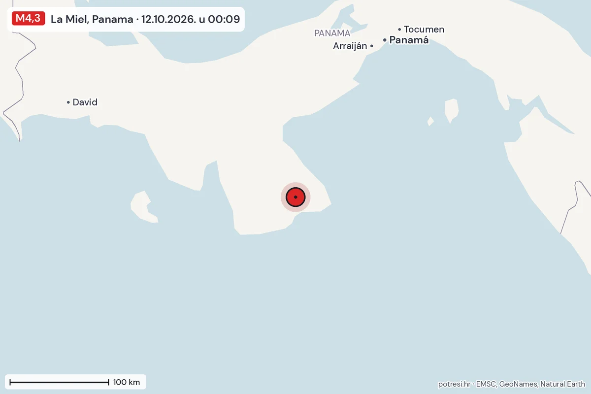 Karta: šire područje, 600 km, potres M4,3, La Miel, Panama, 12.10.2026.