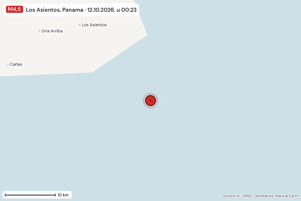 Karta: okolica epicentra, 60 km, potres M4,5, Los Asientos, Panama, 12.10.2026.
