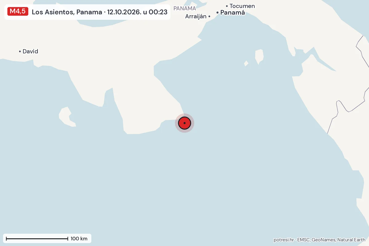 Karta: šire područje, 600 km, potres M4,5, Los Asientos, Panama, 12.10.2026.