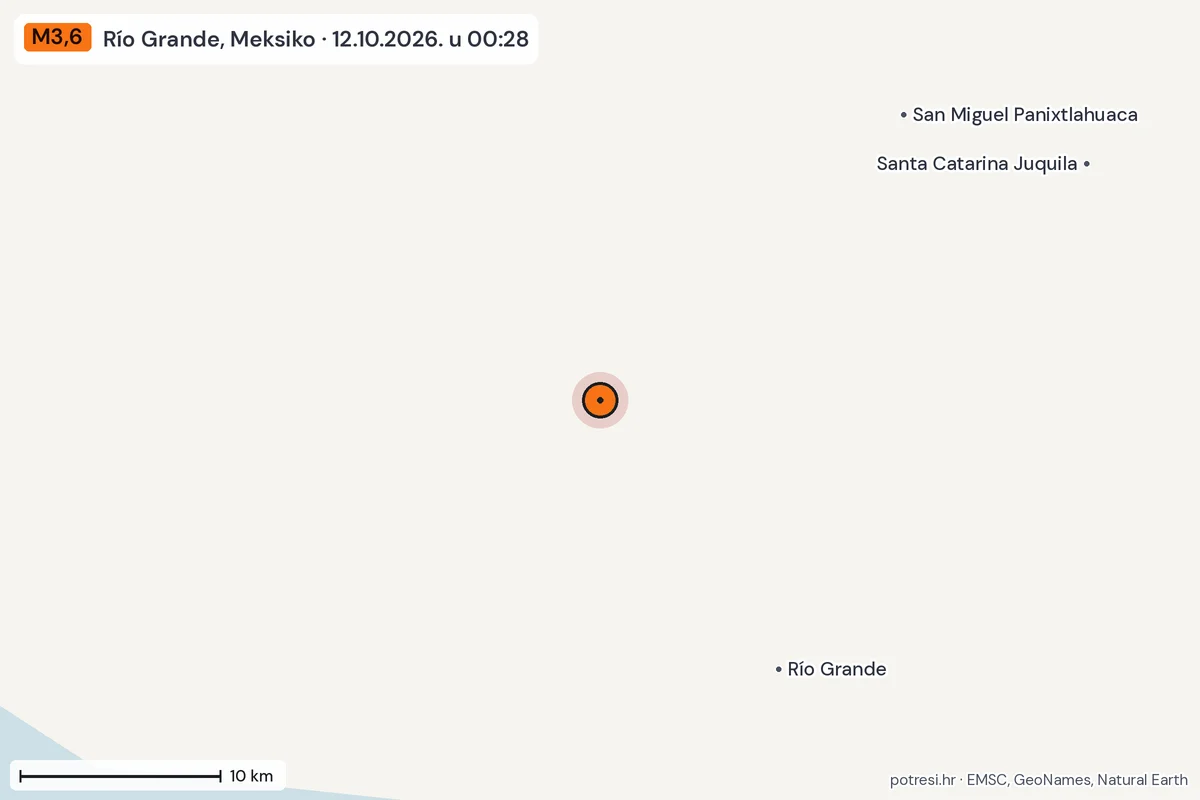 Karta: okolica epicentra, 60 km, potres M3,6, Río Grande, Meksiko, 12.10.2026.