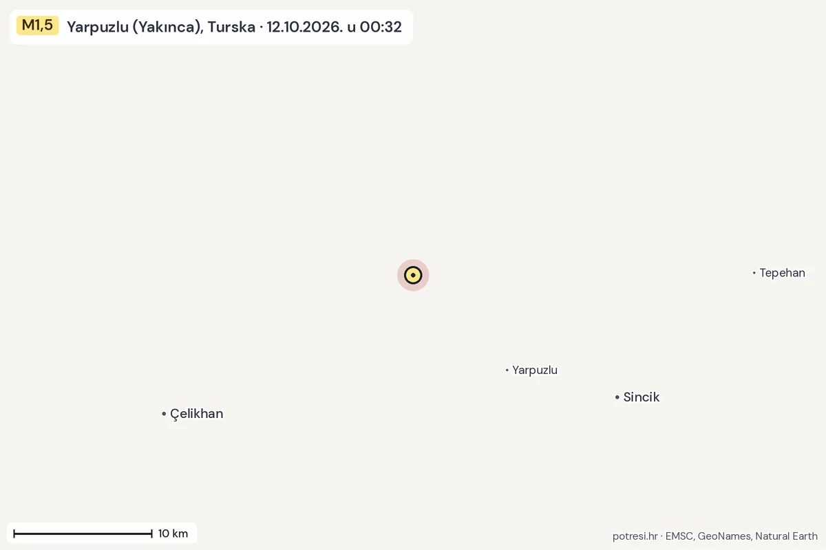 Karta: okolica epicentra, 60 km, potres M1,5, Yarpuzlu (Yakınca), Turska, 12.10.2026.
