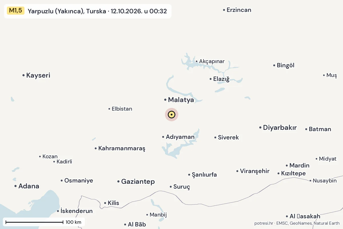 Karta: šire područje, 600 km, potres M1,5, Yarpuzlu (Yakınca), Turska, 12.10.2026.